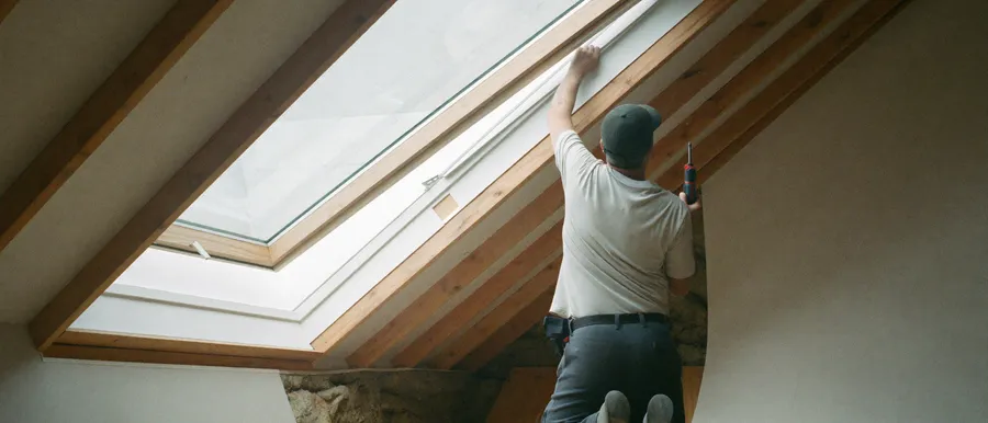 Handwerker baut ein Dachfenster in eine Dachschräge ein