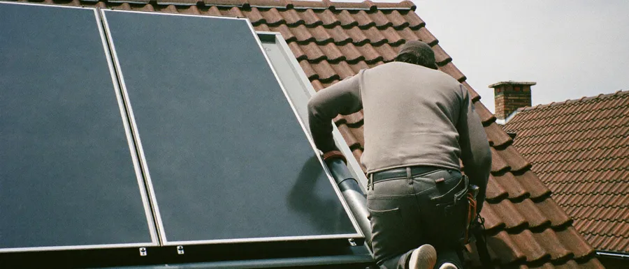 Installateur montiert Solarkollektoren auf einem Ziegeldach