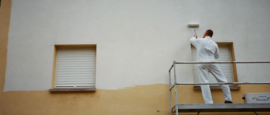Maler streicht die Fassade eines Wohnhauses