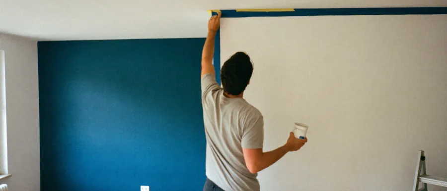Maler streicht eine Wand in einem hellen Raum