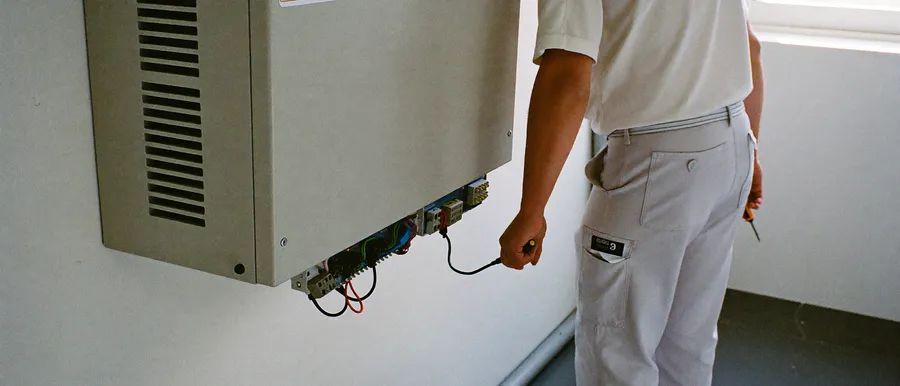 Elektriker schließt einen Wechselrichter an der Kellerwand an
